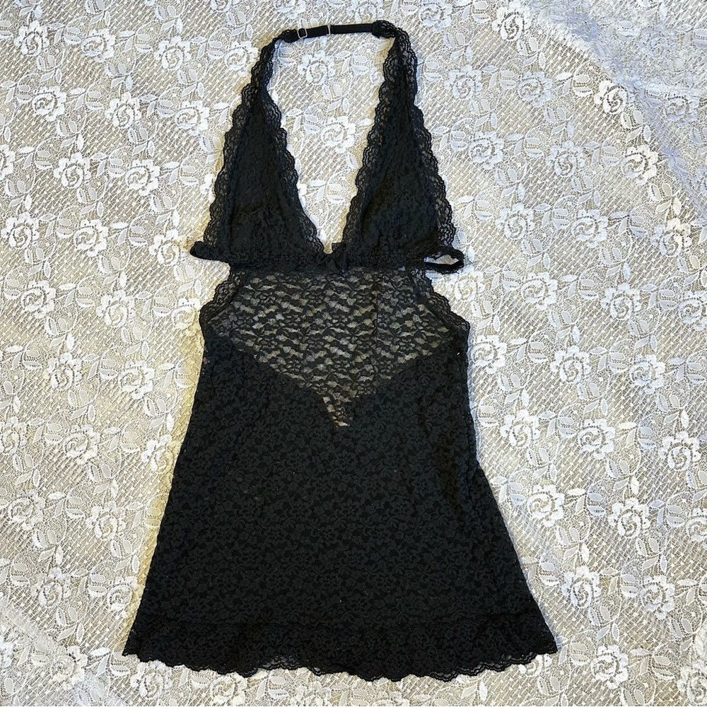 Vintage Victorias Secret Black Lace Halter Teddy